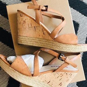 Prada cork wedges, Leather straps in tobacco